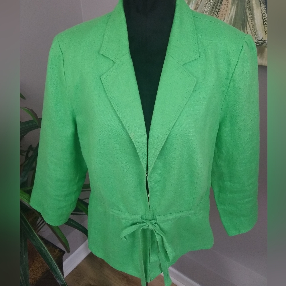 Plus Size M Collection Lime Green Drawstring Linen Jacket - Picture 2 of 16